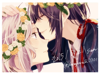 Couple kissing flowers red ribbon - their hair free wallpaper