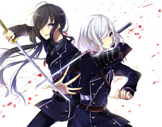 Anime characters swords blood splatter - the ground behind them free wallpaper