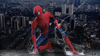 Spider man jumping cityscape lightning - a lightning bolt free wallpaper