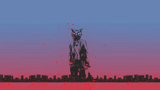 Man cat mask city skyline - synthwave free wallpaper for desktop