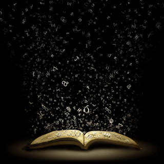 Open book letters flying black 2 - a spotlight free wallpaper for tablet