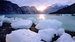 Lake ice chunks mountains sunset - a.b. frost free wallpaper for desktop
