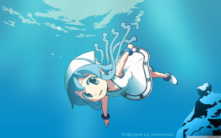 Cartoon girl floating water suitcase - underwater free wallpaper for desktop