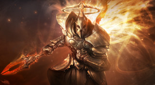 Man armor sword flame background - a fireball in the background free wallpaper