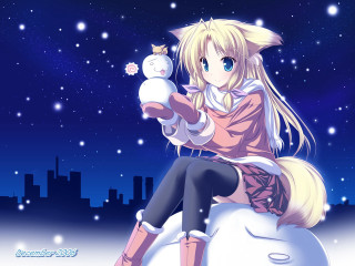 Girl snowball holding cat on 2 - top of a snow free wallpaper