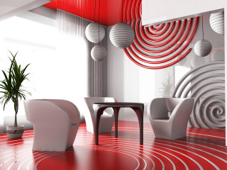 Red floor white chair table - vibrant color line free wallpaper