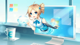 Cartoon girl holding fish computer - a desk free wallpaper