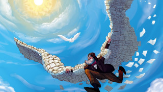 Man flying giant bird sky - paper free wallpaper