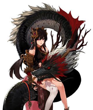 Woman dragon sword demon sitting - her hand and a demon free wallpaper