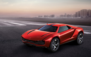 Red sports car runway city - a foggy sky free wallpaper