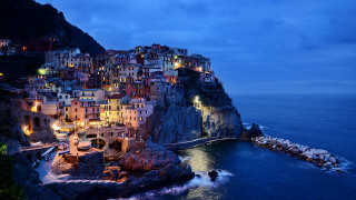 City cliff ocean night lights 3 - evgeny lushpin free wallpaper