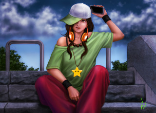 Woman sitting ledged headphones hat - headphone free wallpaper