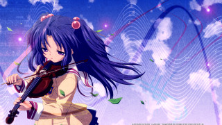 Girl playing violin blue sky - long hair playing free wallpaper