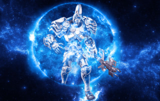 Space robot shuttle blue background - a blue ring free wallpaper