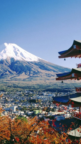 Mountain snow capped peak pagoda - eishōsai chōki free wallpaper for mobile