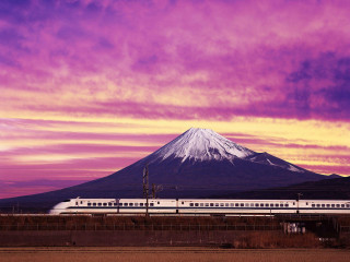 Train mountain purple sky yellow - japan aya goda free wallpaper