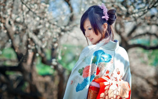 Woman kimono red white bag - japanese free wallpaper