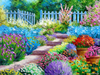 Garden flowers white picket fence 2 - erin hanson free wallpaper