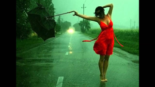 Woman red dress umbrella rainy 2 - rainy free wallpaper