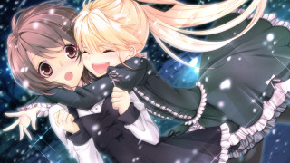 Anime girls hugging snow falling - official art free wallpaper for desktop