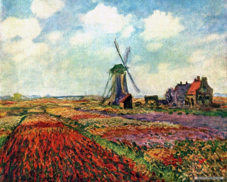 Windmill field flowers house blue - postimpressionism free wallpaper