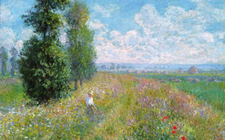Woman field flowers tree background - claude monet free wallpaper