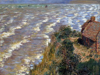 House cliff ocean boat person - claude monet free wallpaper