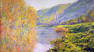 River boat trees mountain painting - claude monet free wallpaper