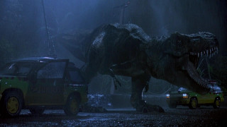 Dinosaur walking rain car truck - classical realism free wallpaper