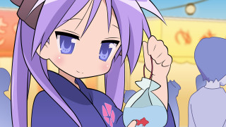 Purple hair girl fish kimono - her hand and a man in the background free wallpaper