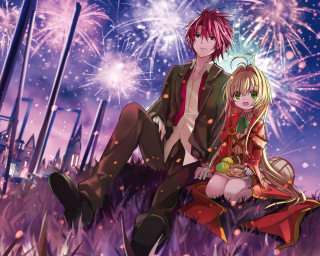 Anime couple fireworks field city - the background and a city skyline free wallpaper