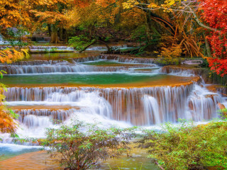 Waterfall forest autumn river bridge - a waterfall in the middle free wallpaper