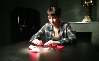 Woman sitting table cutting paper - cutting free wallpaper for desktop