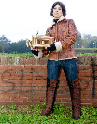 Woman brown jacket holding box - steampunk free wallpaper for mobile