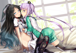 Anime girls sitting bed together - top of a bed together free wallpaper