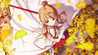 Girl sword field leaves falling - free autumn wallpaper