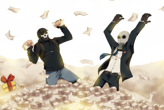 Jumping suited masked people hands - two person free wallpaper for desktop