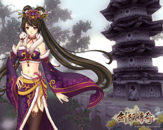 Woman purple outfit white cat - a pagoda free wallpaper