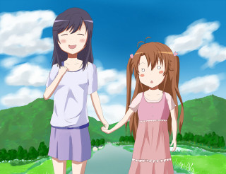 Girls holding hands countryside blue - a green field in the foreground free wallpaper