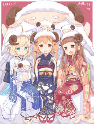Three girls japanese clothing dog - the back of them free wallpaper