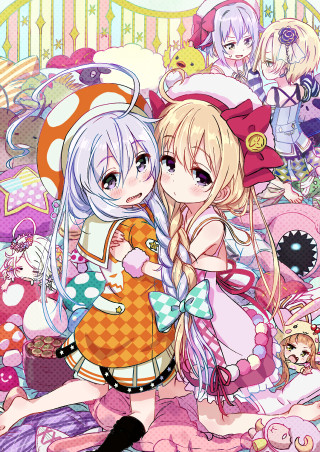 Anime girls hugging mushroom background - toyism free wallpaper for mobile