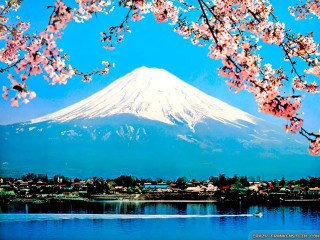 Mountain lake boat flowers sky - japan ukiyoe free wallpaper