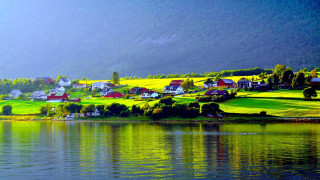 Small village green hillside lake - the hillside free wallpaper