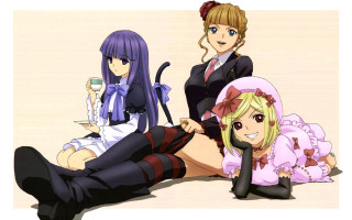 Anime girls drinking cat sitting - their lap free wallpaper