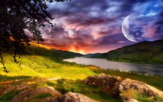 Sunset lake mountains moon rocks - a moon in the sky above free wallpaper