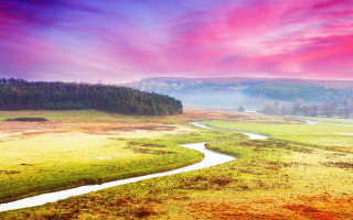 River green field pink sky - field free wallpaper for desktop