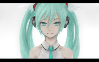 Girl green hair headphones smiling - computer art free wallpaper