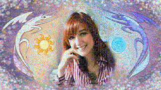 Red haired woman dragon sun - kinetic pointillism free wallpaper for desktop