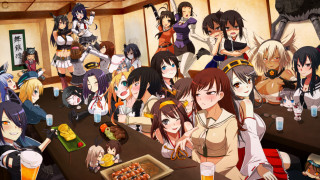 Anime girls table drinks food - a group of anime girls sitting free wallpaper