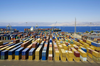 Containers stacked container yard ocean - symmetric balance free wallpaper
